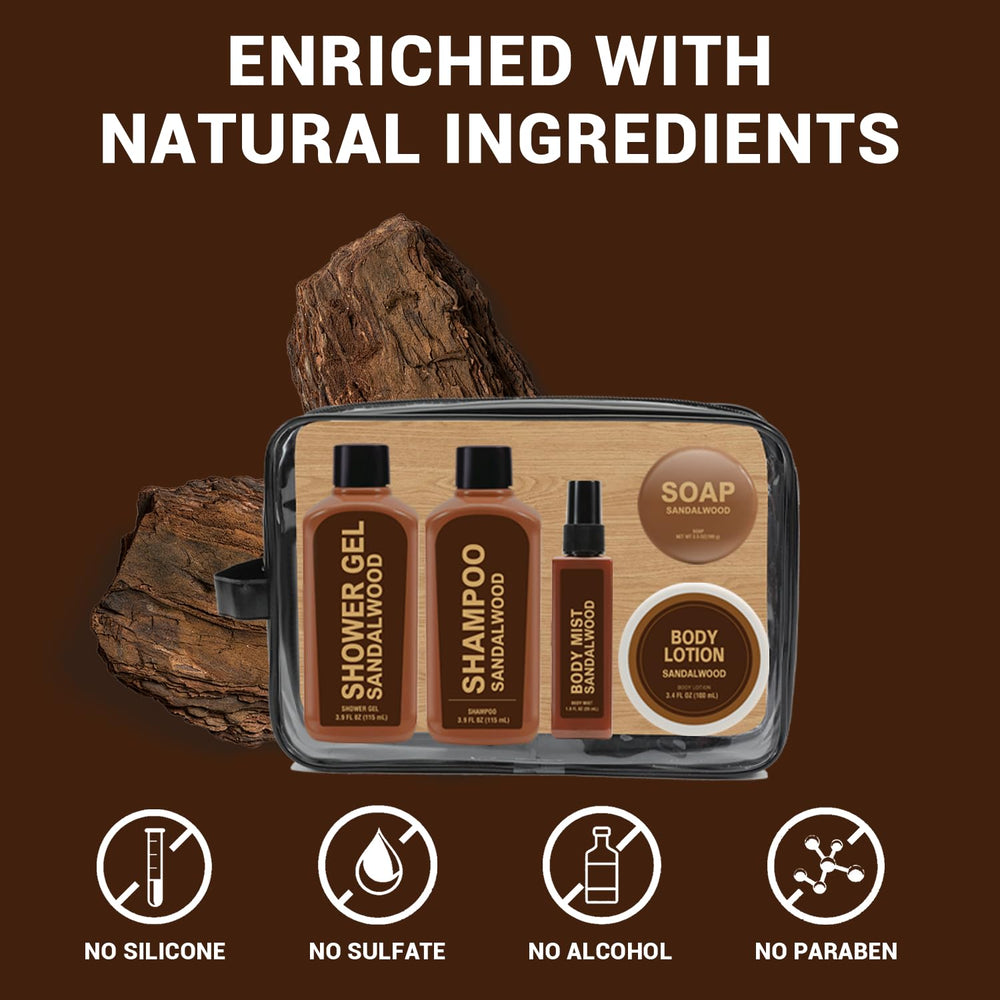 Body & Earth shower gel bottle with woody sandalwood aroma for a pampering shower.