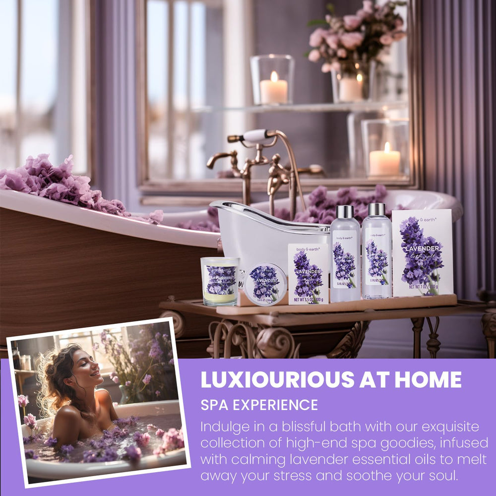 Body & Earth lavender scented candle creates a tranquil bath-time ambience