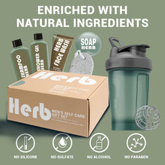 Body & Earth men's gift set shampoo cleanses hair with a light herbal scent.