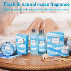Body & Earth Ocean gift set scented candle creates calming ambiance for relaxation.