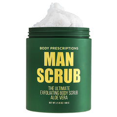 Body Prescriptions Mens Exfoliating Body Scrub jar on shelf ready for a revitalizing shower.