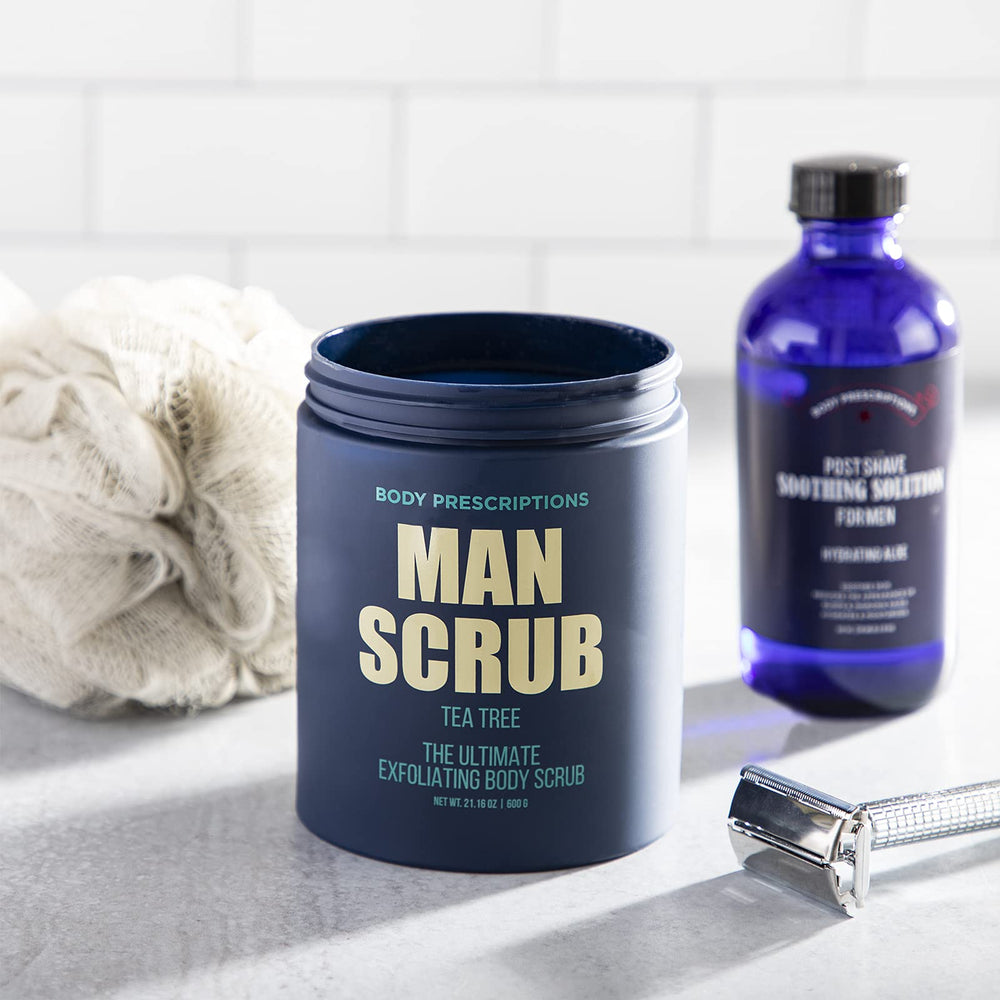 Body Prescriptions men's exfoliating scrub in shower scene demonstrates cleansing ritual.
