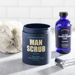 Body Prescriptions men's exfoliating scrub in shower scene demonstrates cleansing ritual.