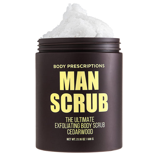 Body Prescriptions men's exfoliating scrub jar top provides easy cleansing during showers.
