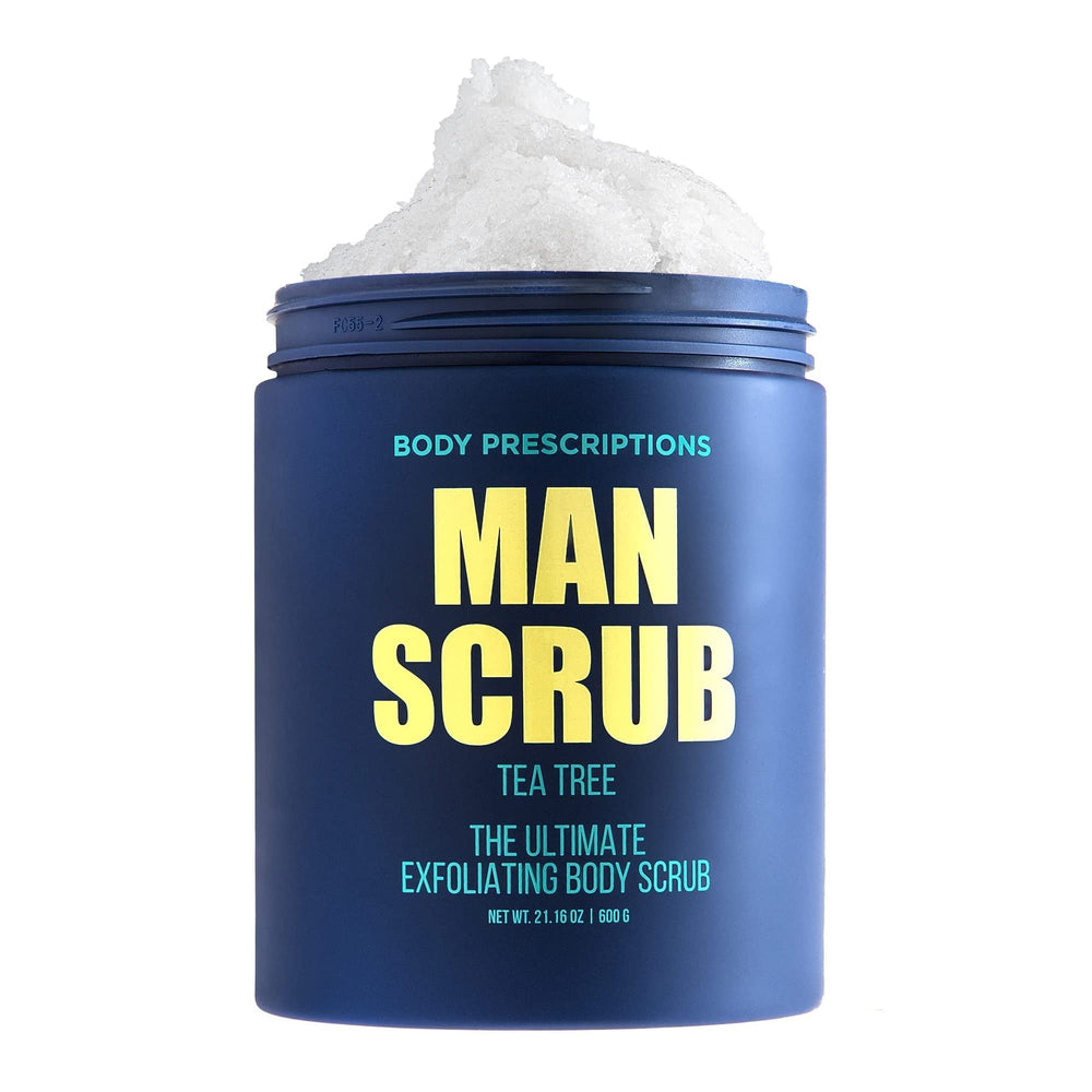 Body Prescriptions men's exfoliating scrub tea tree jar closeup for refreshing cleanse.