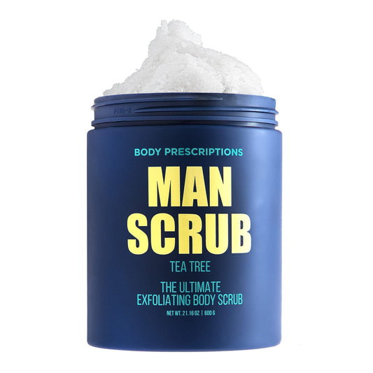 Body Prescriptions men's exfoliating scrub tea tree jar closeup for refreshing cleanse.
