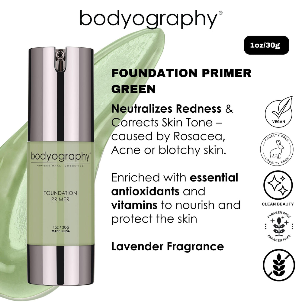 Bodyography Foundation Primer Green during application ensures even base on skin