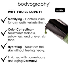 Bodyography Foundation Primer Green packaging highlights vegan and gluten-free formula