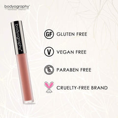 Bodyography Lip Lava Exposed application demonstrates smooth, transfer resistant wear for all day comfort.