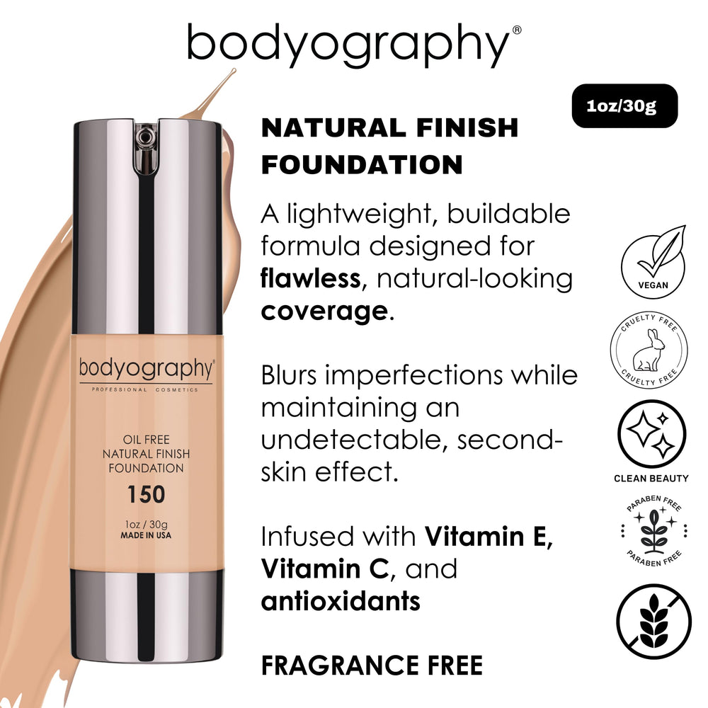 Bodyography Natural Finish Foundation Dark/Warm 240 swatch on skin showing seamless blend.
