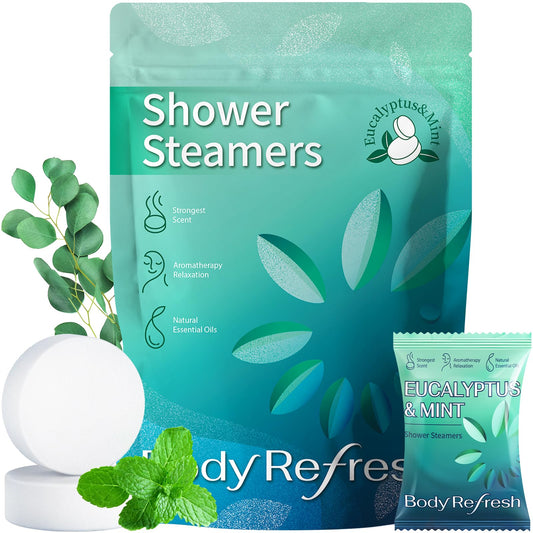BodyRefresh shower steamers with eucalyptus and mint – closeup releasing calming aroma.