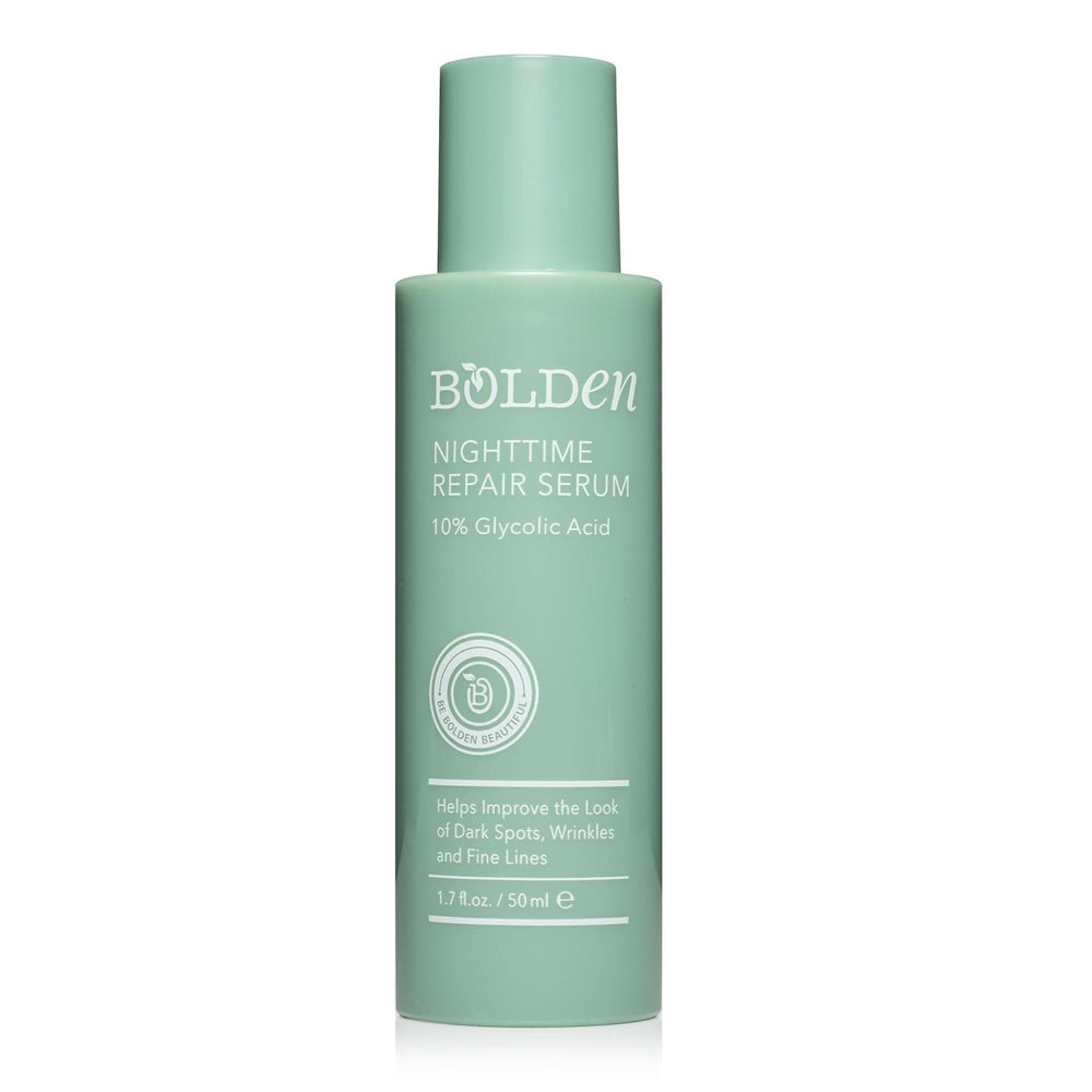 Bolden Nighttime Repair Serum bottle ready for nightly skincare routine, targeting dark spots.
