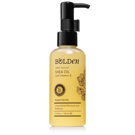 Bolden Sweet Vanilla Shea Oil pump bottle ready for quick moisture after shower