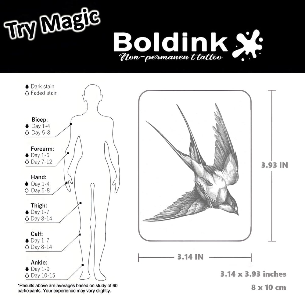 Boldink Bird 2 tattoos withstand water for events and daily wear.