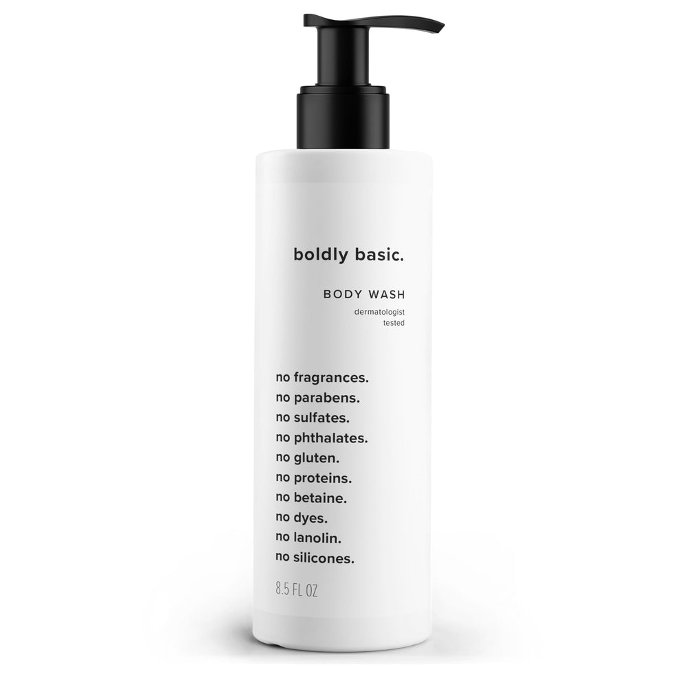 Boldly Basic Fragrance Free Body Wash pump bottle, offering gentle cleansing for sensitive skin.