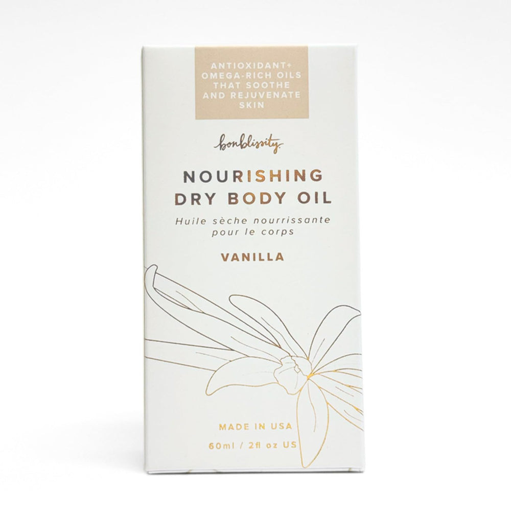 Bonblissity Nourishing Body Oil vanilla application on arm delivers fast-absorbing moisture.