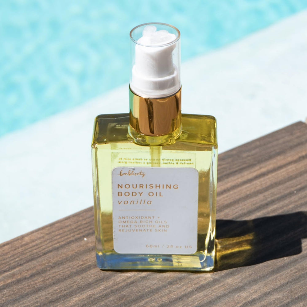 Bonblissity Nourishing Body Oil vanilla gift-ready bottle for thoughtful self-care.