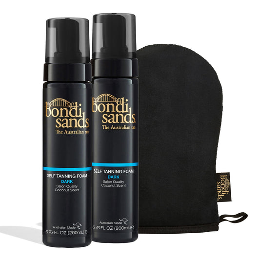 Bondi Sands Self Tanning Foam Duo Dark bottle with reusable mitt for smooth, streak-free application.