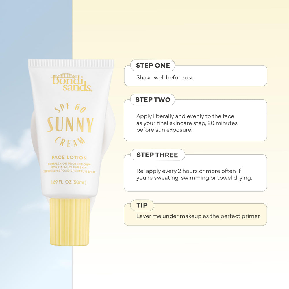 Bondi Sands Sunny Cream SPF 60 packaging front highlighting sunscreen benefits