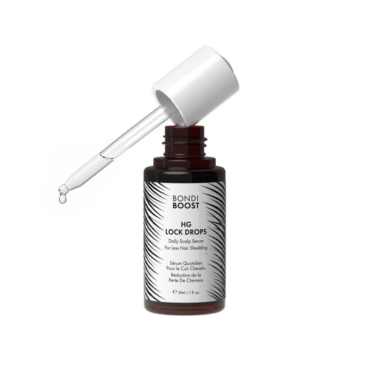 BondiBoost HG Lock Drops bottle close-up for daily scalp care