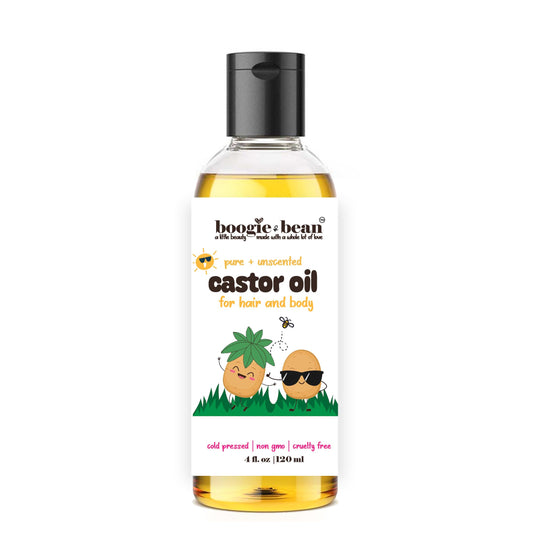 Boogie and Bean Castor Oil cold-pressed bottle for gentle skin and hair care