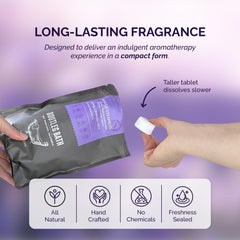 Bootleg Bath tablets-on-shower-floor illustrate easy activation for fragrance release.