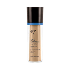 Boots No7 Lift Luminate Foundation Cool Ivory packaging suggests long-lasting comfort and glow.