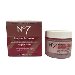 Boots No7 Restore and Renew night cream jar closeup for rich overnight hydration.