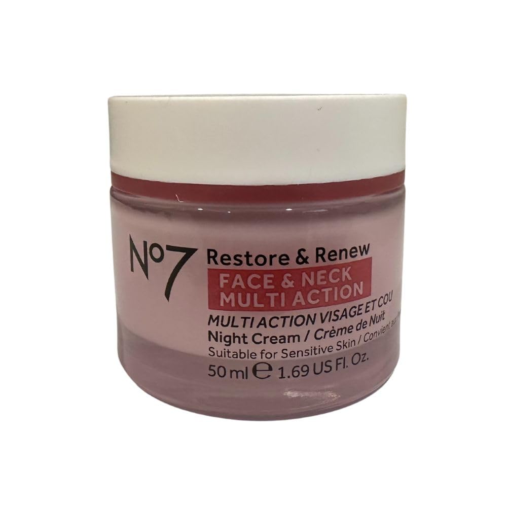 Boots No7 Restore and Renew night cream swatch on skin with a subtle glow.