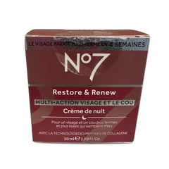 Boots No7 Restore and Renew night cream tub on nightstand shows creamy texture for overnight hydration.