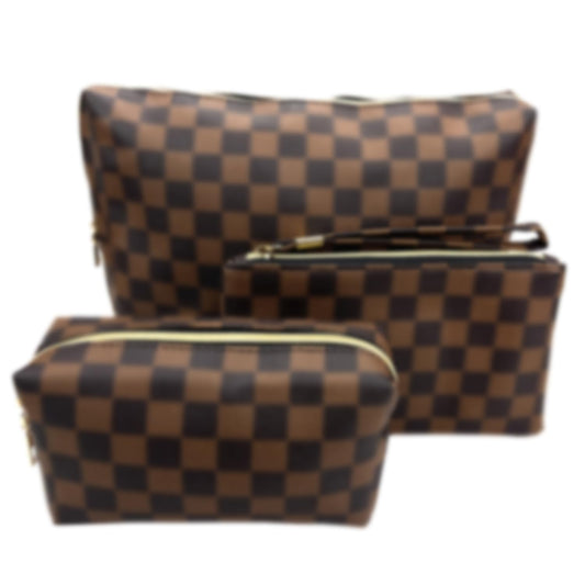 Bopomofo brown checkered cosmetic bag set for travel organization.