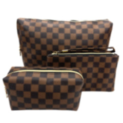 Bopomofo brown checkered cosmetic bag set for travel organization.
