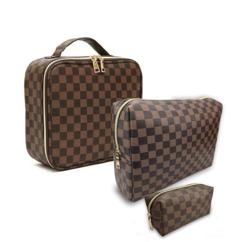 Bopomofo makeup bag three-piece set in brown checkered pattern for stylish organization on the go