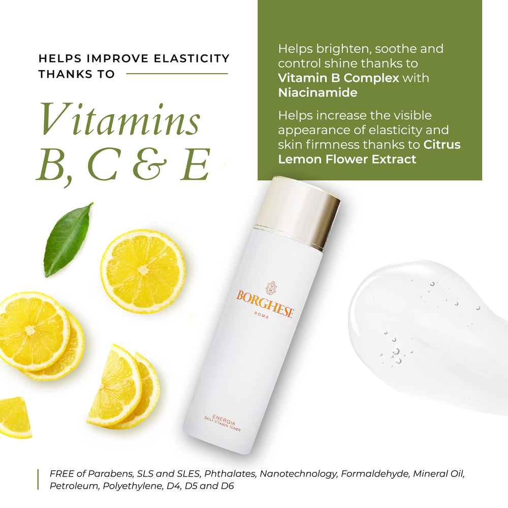 Borghese Energia Toner being applied to face for balanced tone.