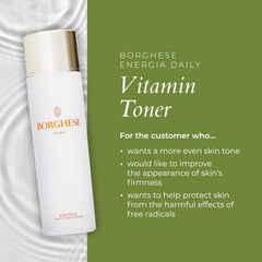 Borghese Energia Toner ingredients highlight vitamins C, B, E and niacinamide.