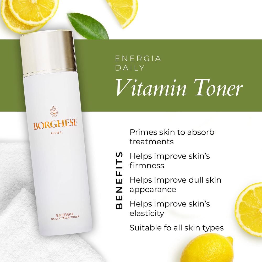 Borghese Energia Daily Toner on cotton pad for gentle cleansing.