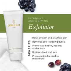 Borghese exfoliator tube highlights peptides and hyaluronic acid for hydration.
