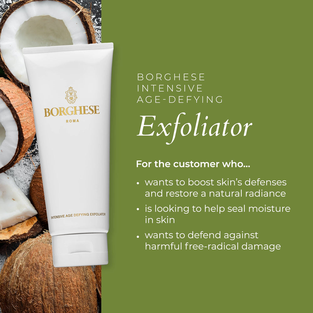 Borghese exfoliator pump and 3.5 oz tube ready for weekly treatment.