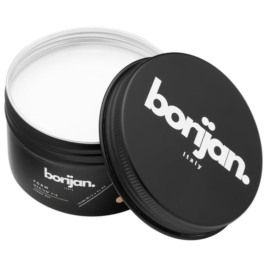 Borijan Form Pomade jar closeup showing premium packaging and texture benefits