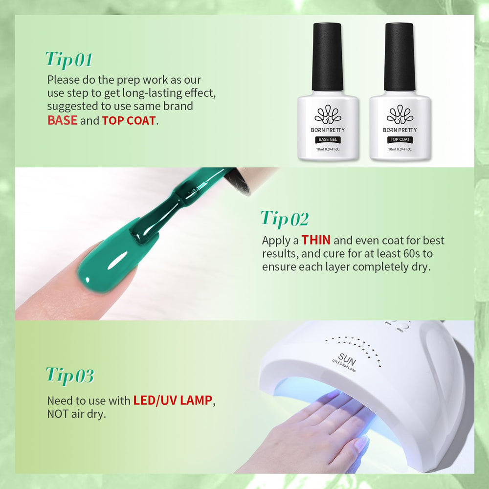 Born Pretty glossy green gel nails with bright shine