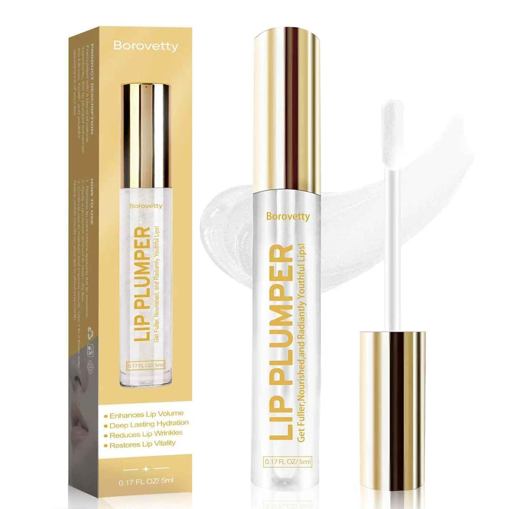 Borovetty Lip Plumper Gloss in a clear bottle close-up boosts subtle fullness.
