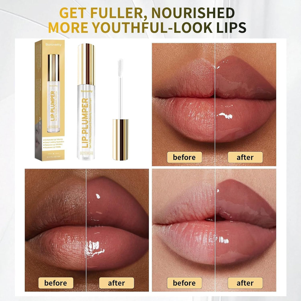 Borovetty lip plumper gloss worn alone for glossy fullness.