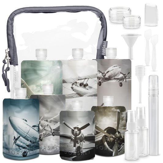 BORSALI travel pouches flat bottles for compact packing and easy refill.
