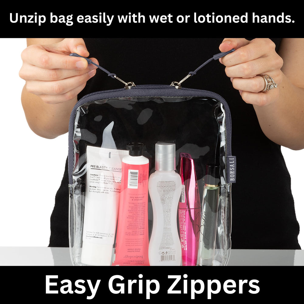 BORSALI travel pouches flat-lay opening prevents spills during packing.