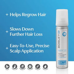 Hands applying BosleyMD foam for targeted scalp rejuvenation.