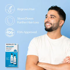 BosleyMD minoxidil bottle being poured for easy application.