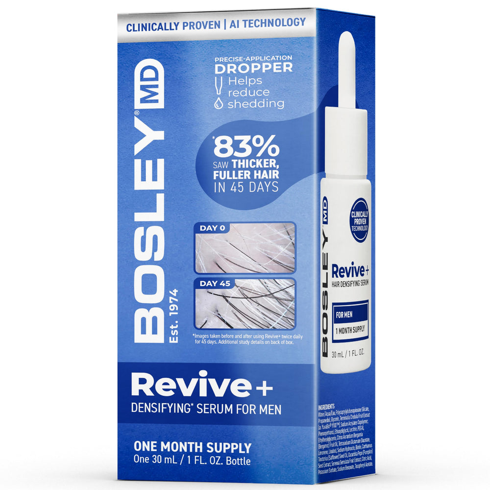 BosleyMD RevivePlus serum bottle close-up, premium packaging for a drug-free hair support routine