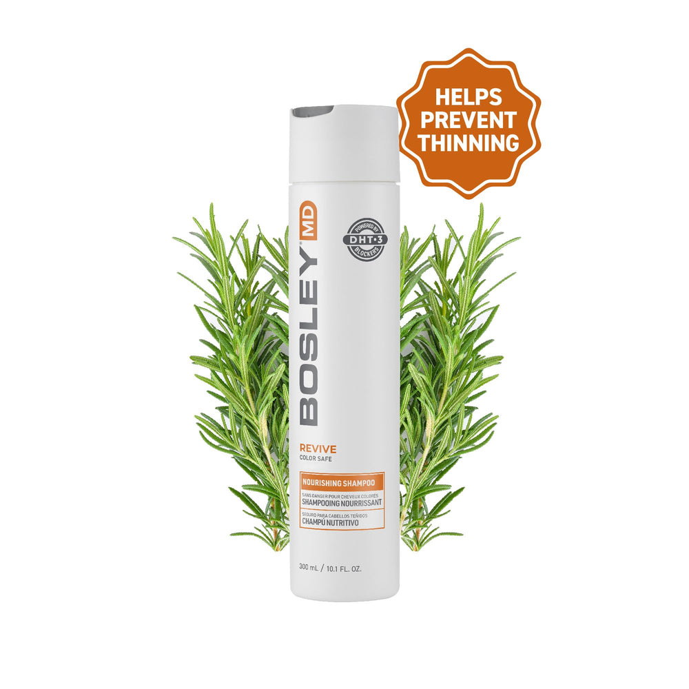BosRevive Nourishing Shampoo bottle back detailing ingredients and vegan formula benefits.