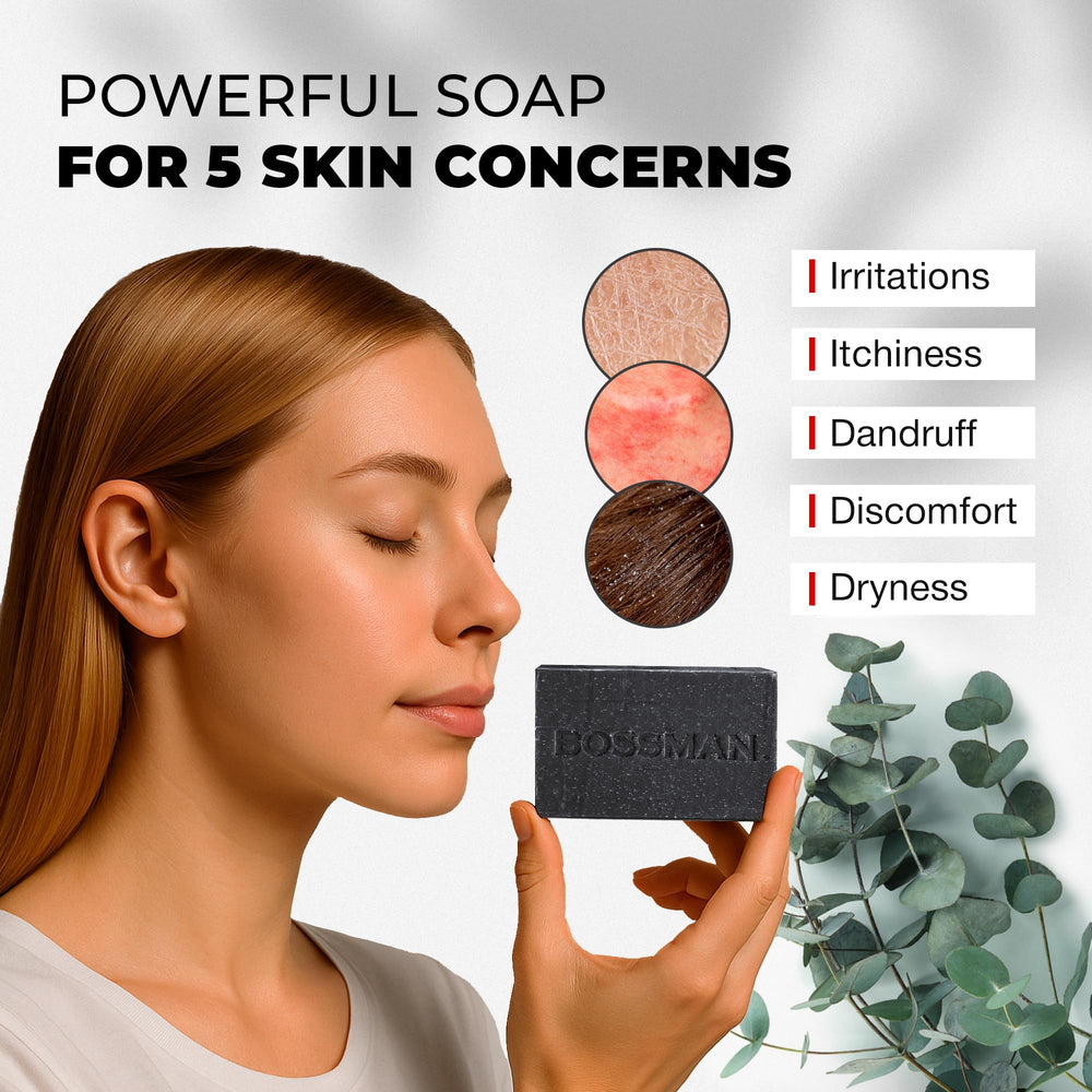 Bossman charcoal soap bar scent profile with eucalyptus and tea tree notes