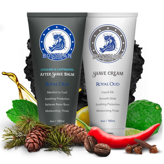 Bossman Silk Lotion Shaving Cream packaging highlighting premium grooming kit for men.